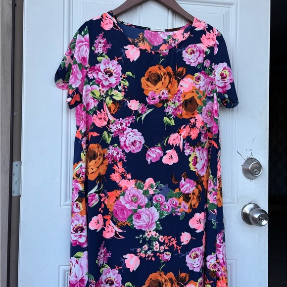 12 Pm By Mon Ami Dresses & Skirts - 12 Pm By Mon Ami Navy Floral Midi Dress with Pink & Orange Blooms